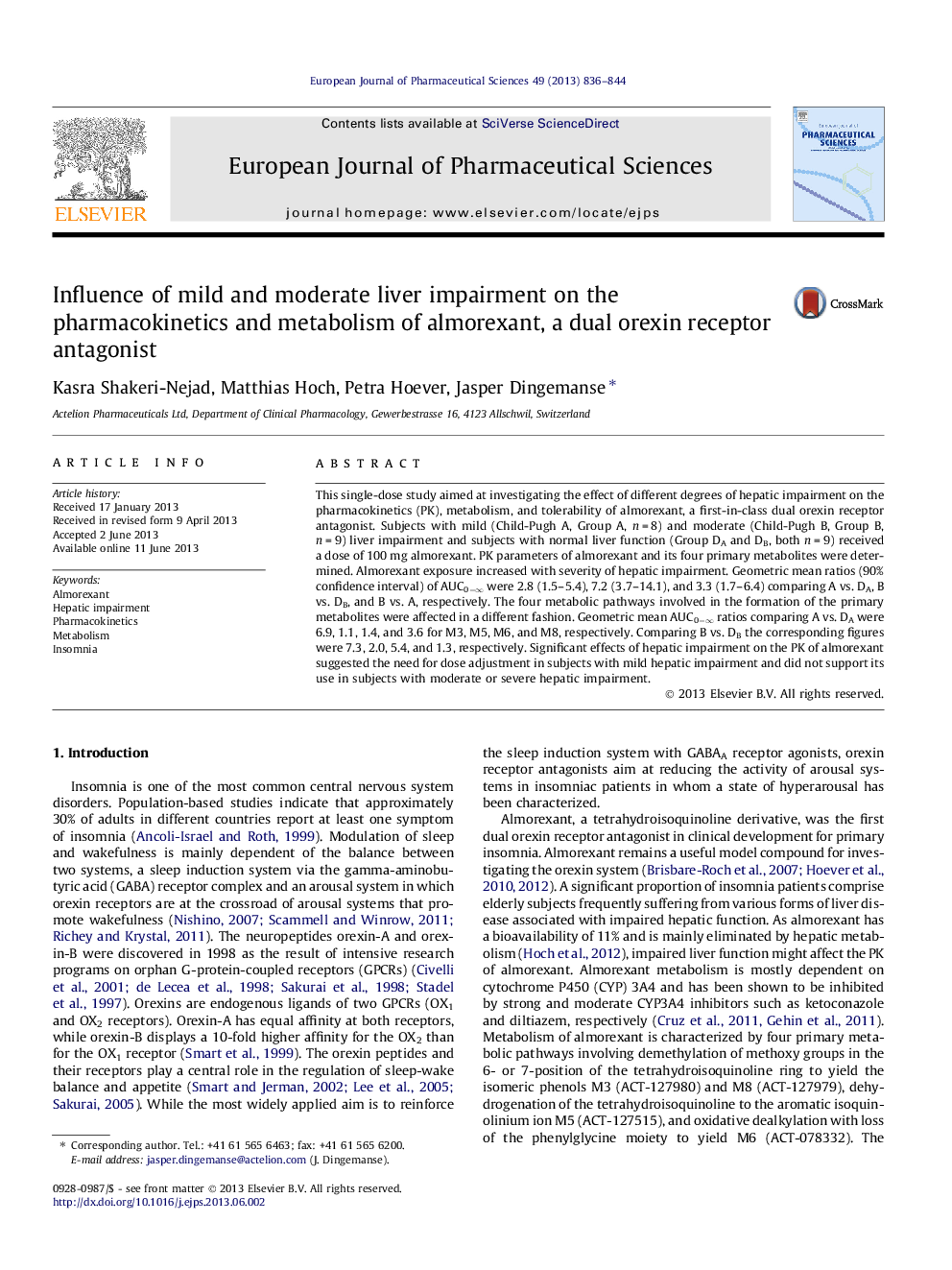 Influence of mild and moderate liver impairment on the pharmacokinetics and metabolism of almorexant, a dual orexin receptor antagonist