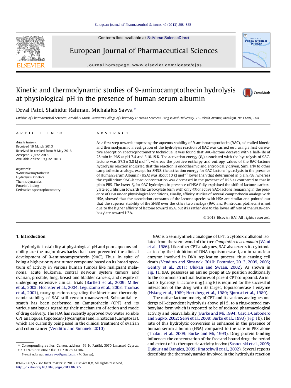 Kinetic and thermodynamic studies of 9-aminocamptothecin hydrolysis at physiological pH in the presence of human serum albumin