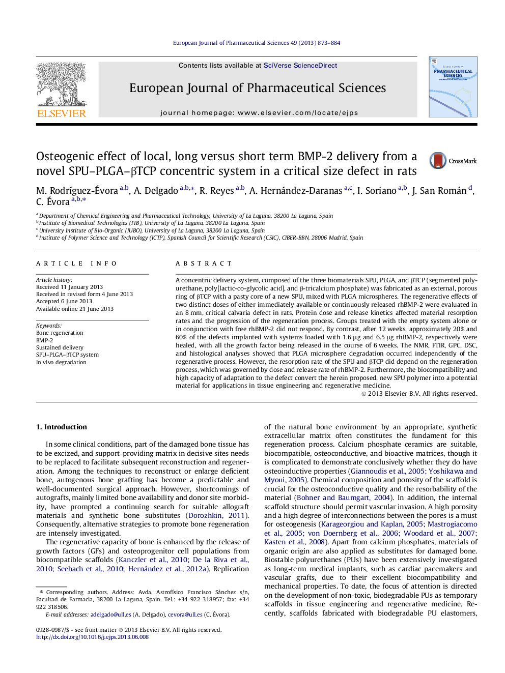 Osteogenic effect of local, long versus short term BMP-2 delivery from a novel SPU–PLGA–βTCP concentric system in a critical size defect in rats