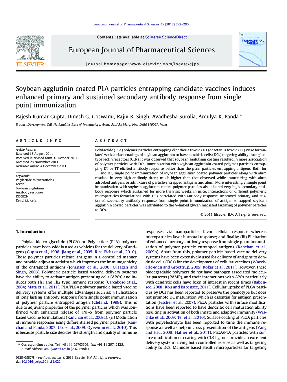 Soybean agglutinin coated PLA particles entrapping candidate vaccines induces enhanced primary and sustained secondary antibody response from single point immunization