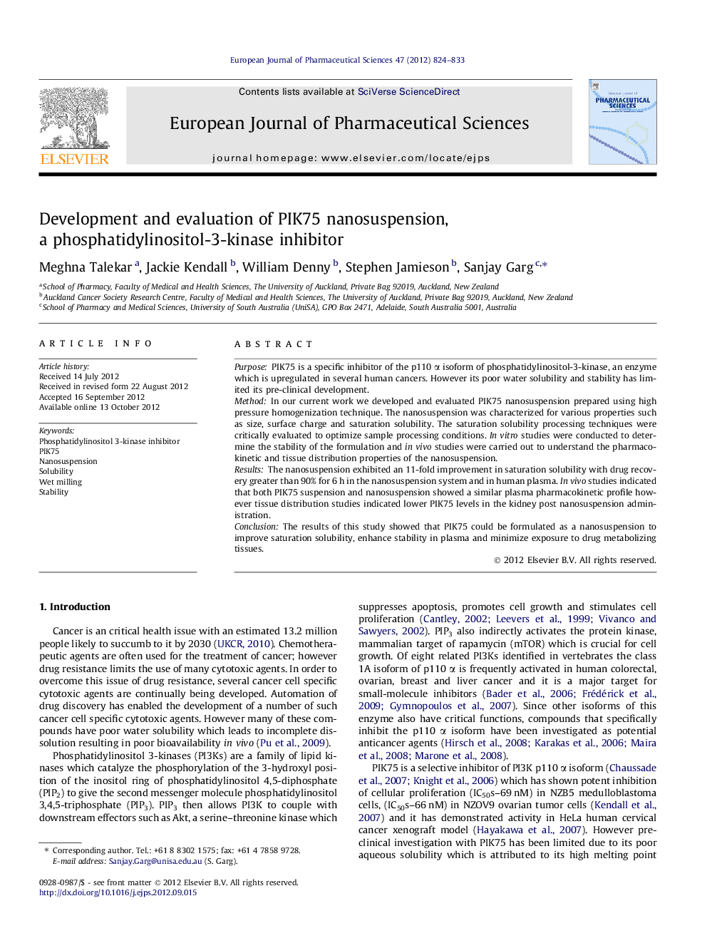 Development and evaluation of PIK75 nanosuspension, a phosphatidylinositol-3-kinase inhibitor