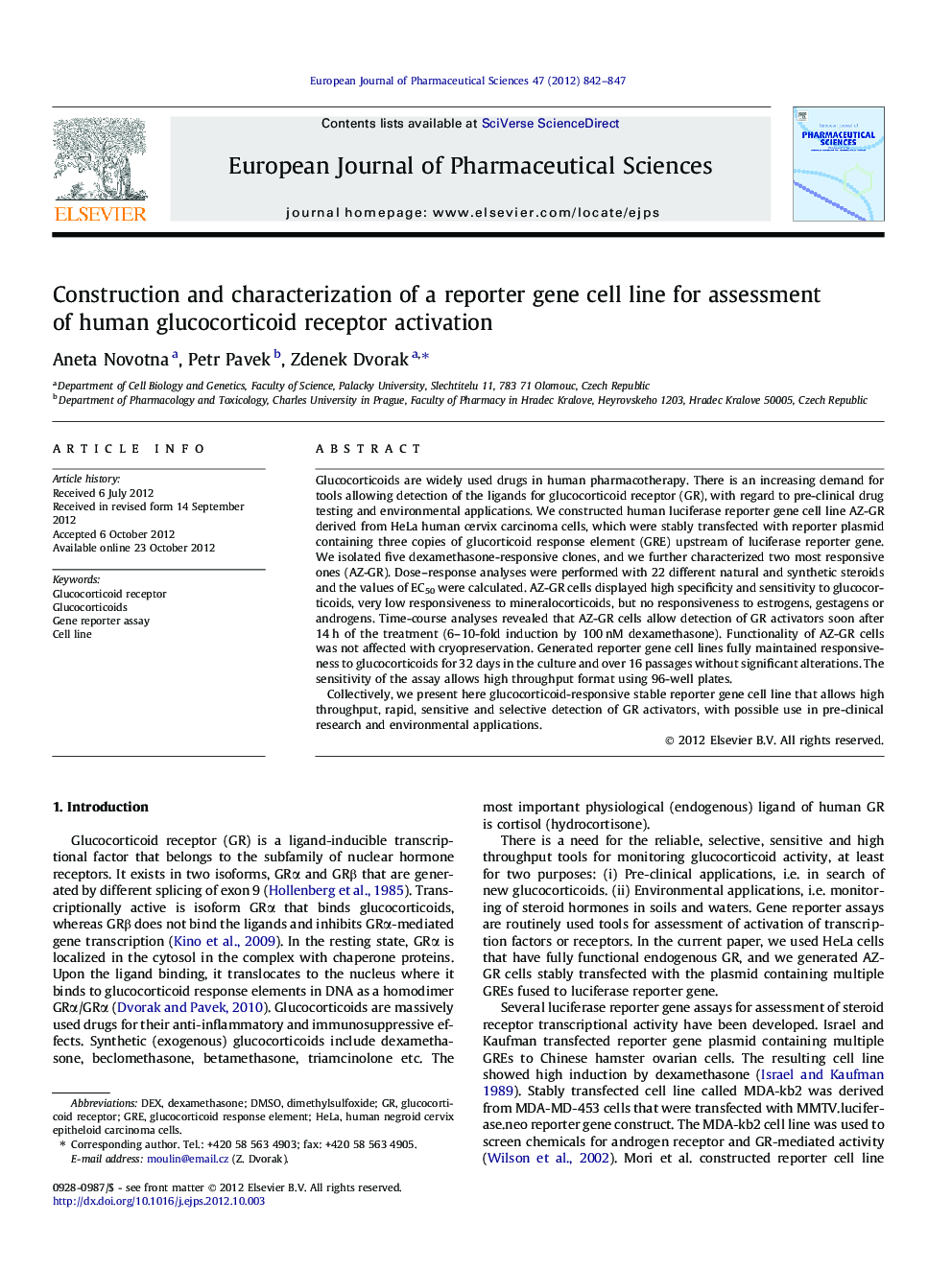 Construction and characterization of a reporter gene cell line for assessment of human glucocorticoid receptor activation