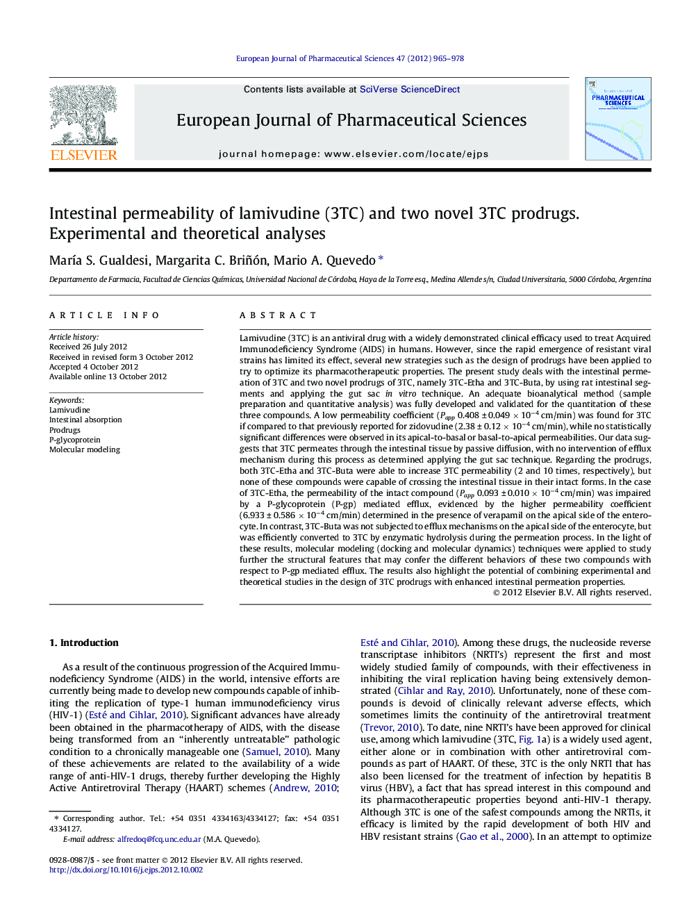 Intestinal permeability of lamivudine (3TC) and two novel 3TC prodrugs. Experimental and theoretical analyses