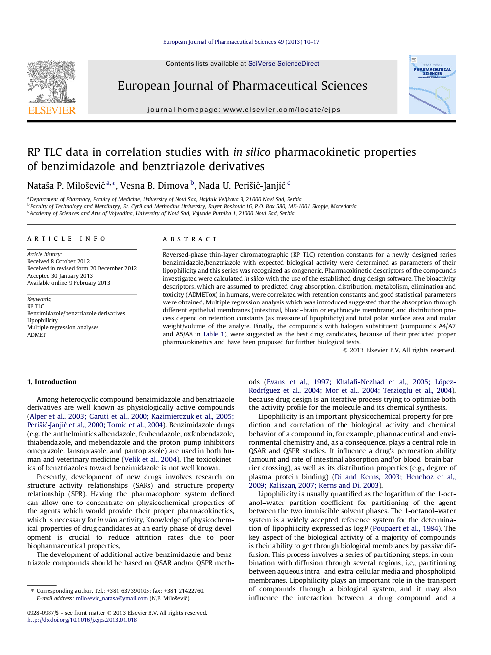 RP TLC data in correlation studies with in silico pharmacokinetic properties of benzimidazole and benztriazole derivatives