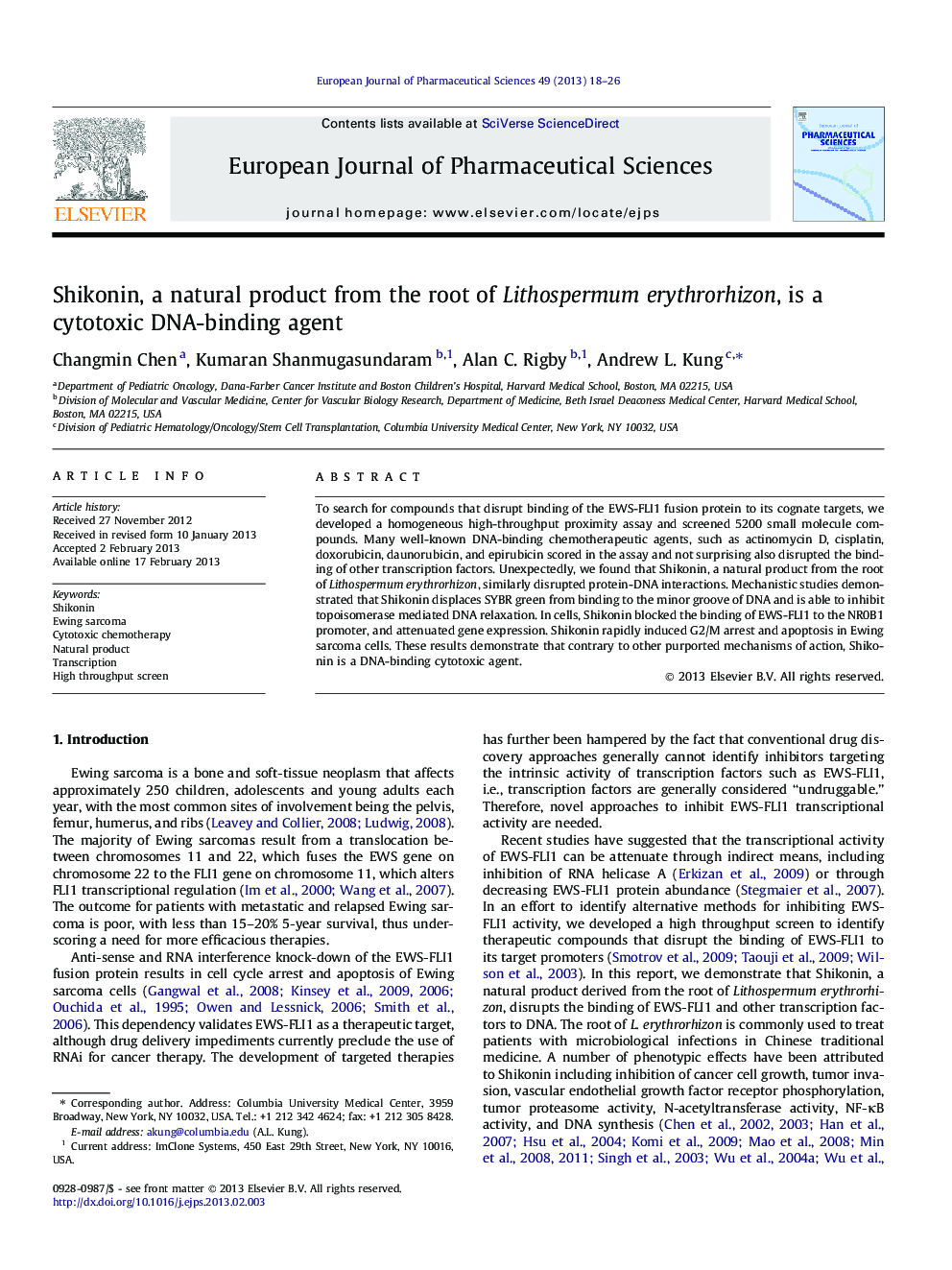 Shikonin, a natural product from the root of Lithospermum erythrorhizon, is a cytotoxic DNA-binding agent