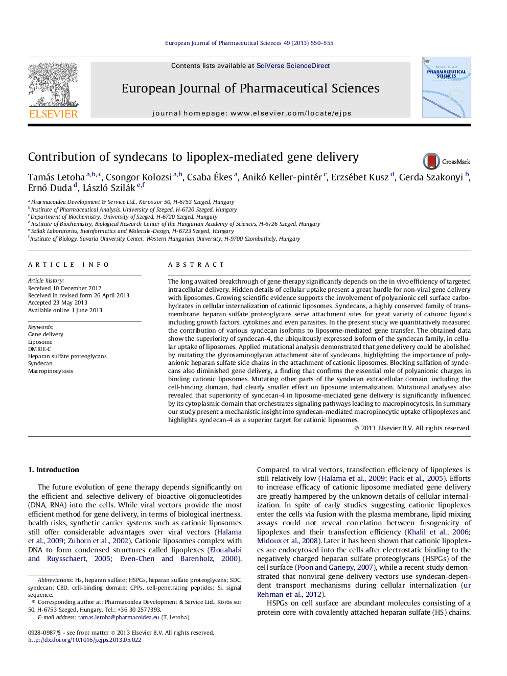 Contribution of syndecans to lipoplex-mediated gene delivery