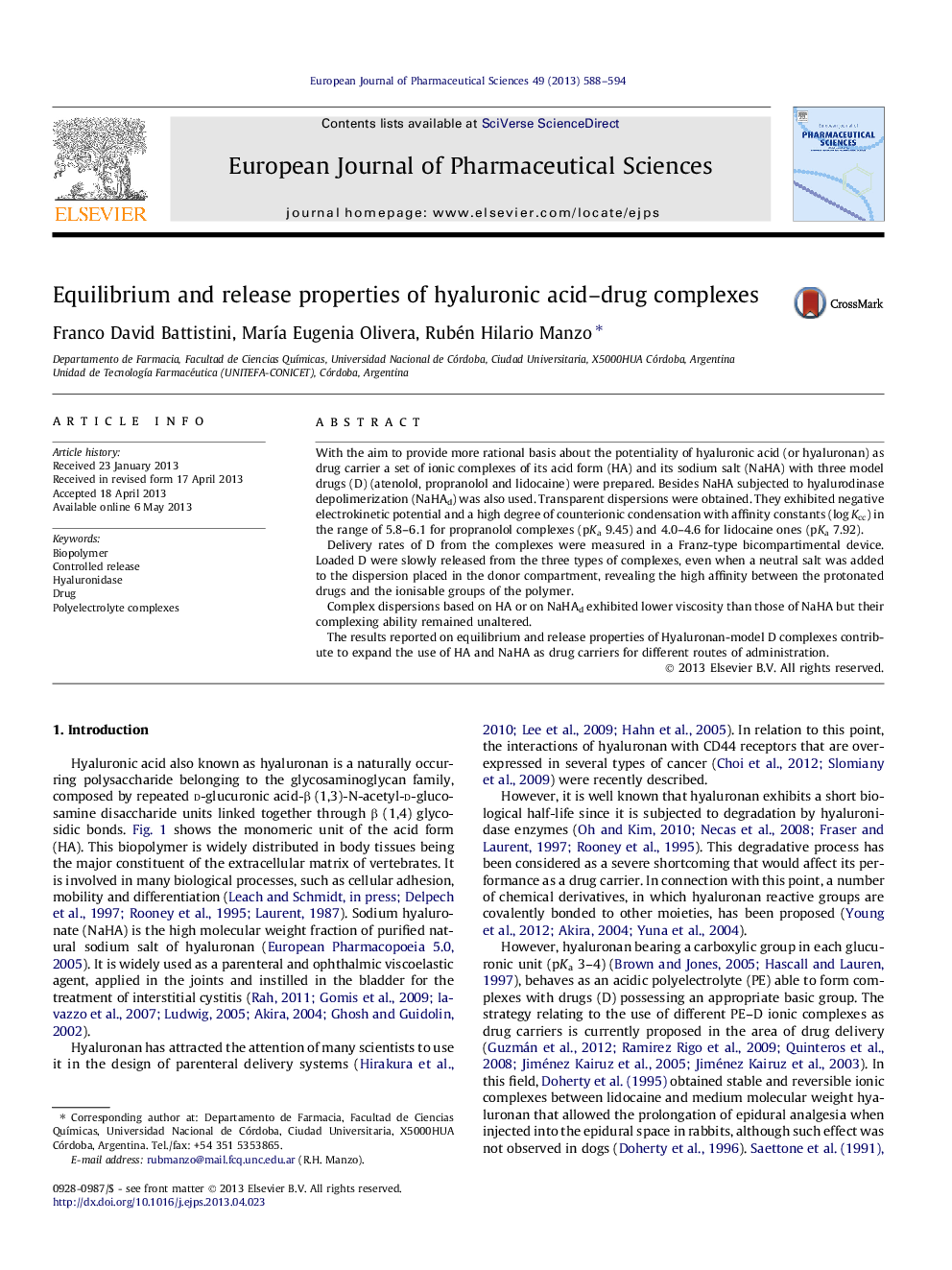 Equilibrium and release properties of hyaluronic acid–drug complexes