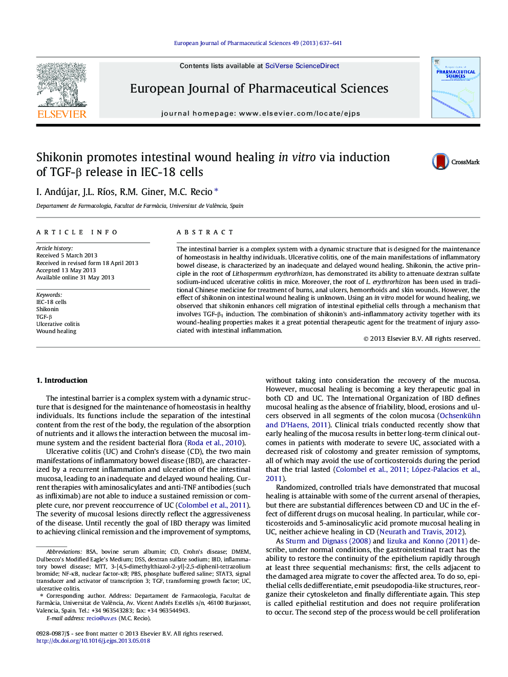 Shikonin promotes intestinal wound healing in vitro via induction of TGF-β release in IEC-18 cells