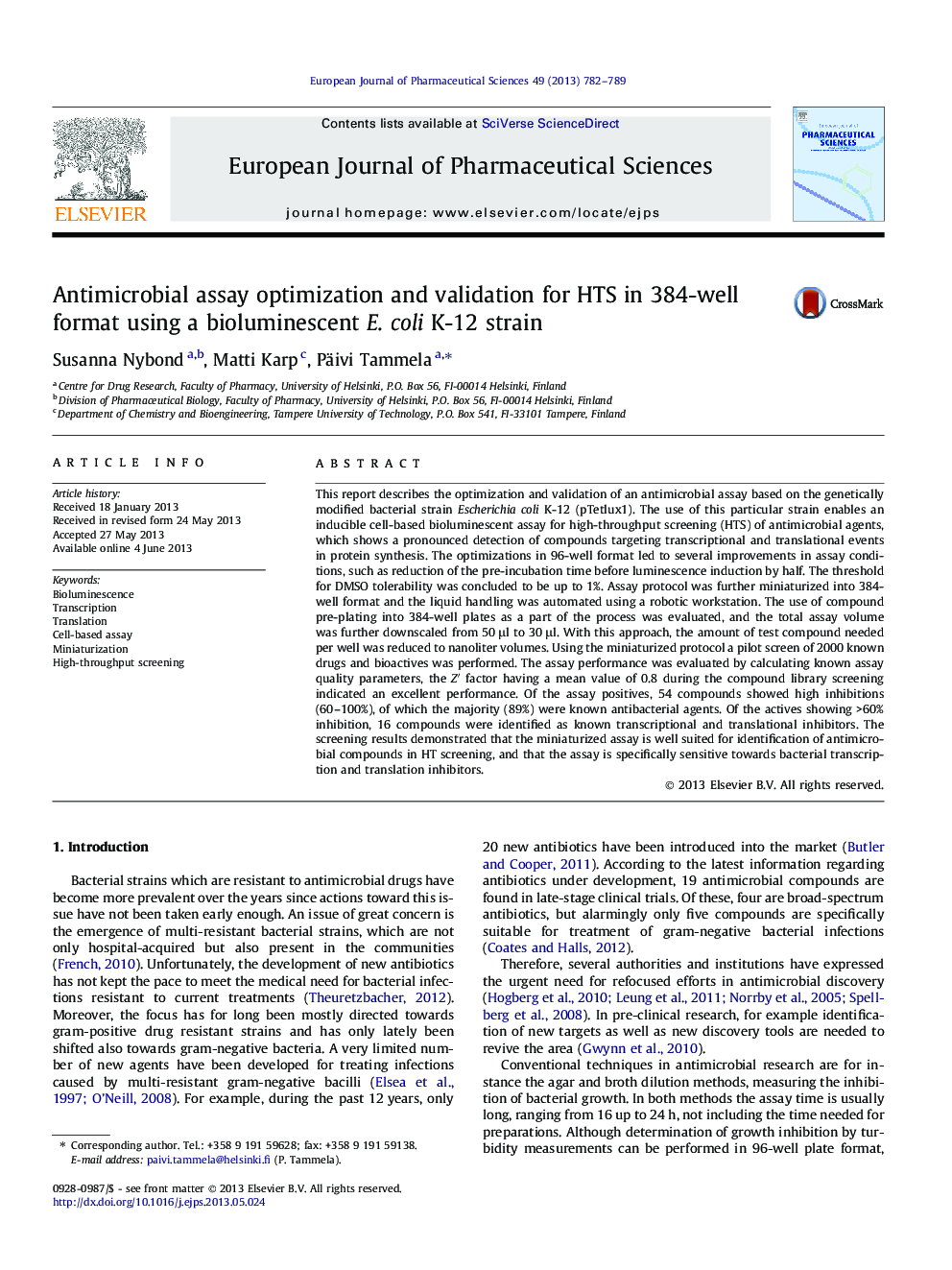 Antimicrobial assay optimization and validation for HTS in 384-well format using a bioluminescent E. coli K-12 strain