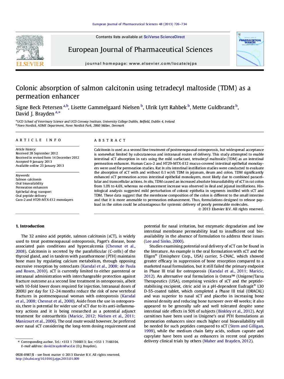 Colonic absorption of salmon calcitonin using tetradecyl maltoside (TDM) as a permeation enhancer