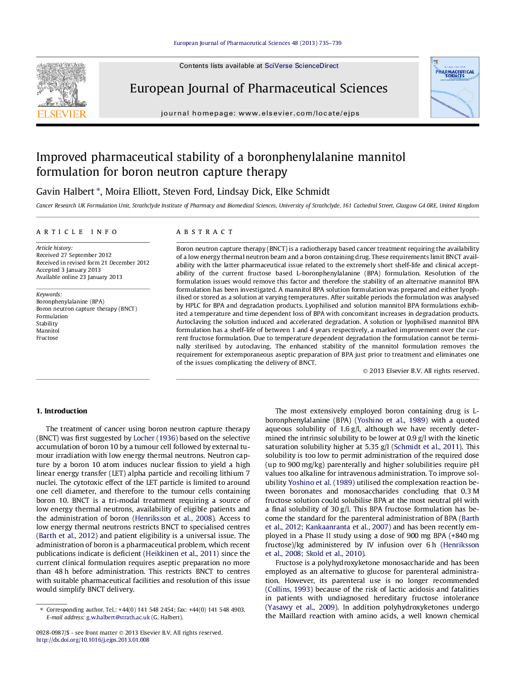 Improved pharmaceutical stability of a boronphenylalanine mannitol formulation for boron neutron capture therapy