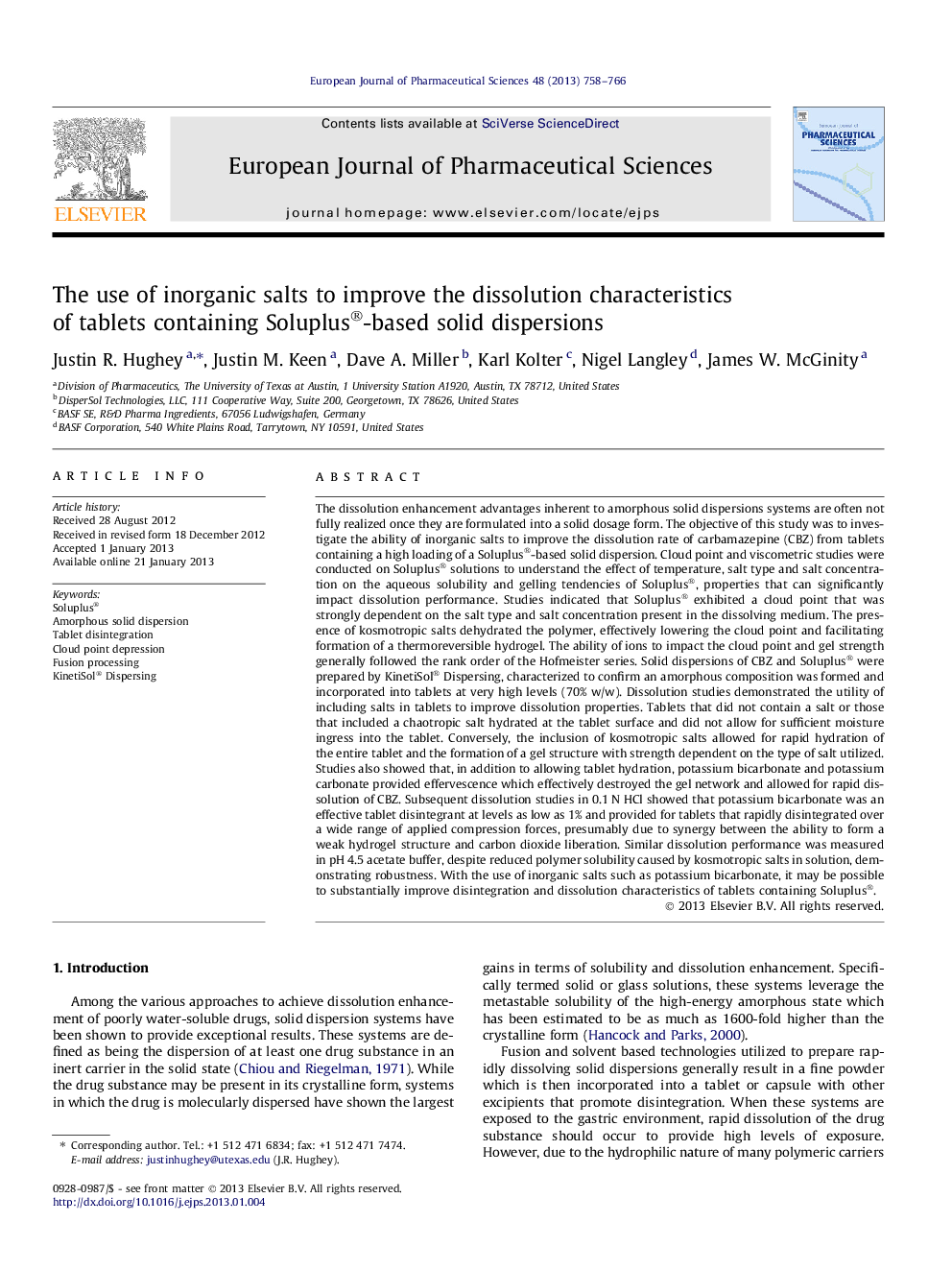 The use of inorganic salts to improve the dissolution characteristics of tablets containing Soluplus®-based solid dispersions