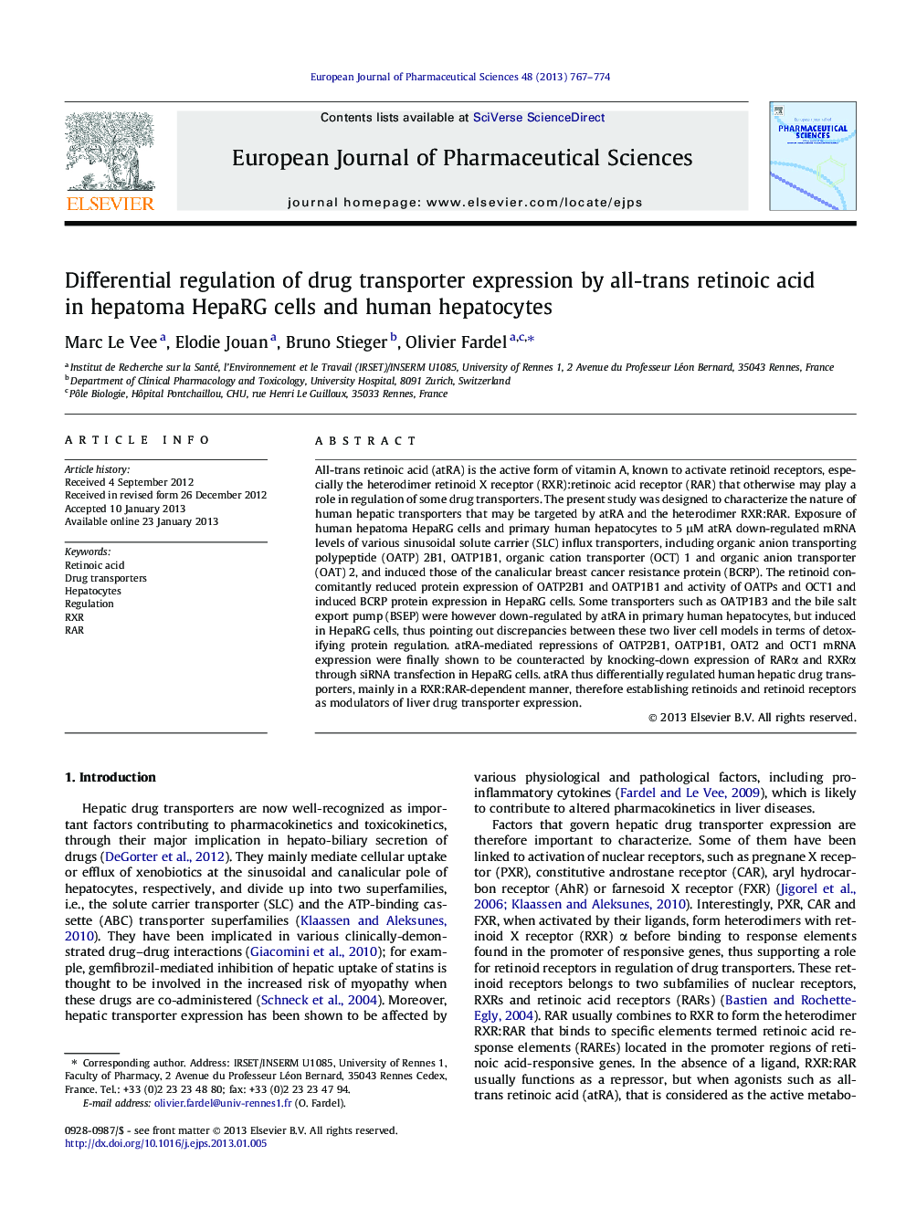 Differential regulation of drug transporter expression by all-trans retinoic acid in hepatoma HepaRG cells and human hepatocytes