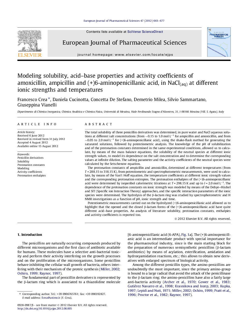 Modeling solubility, acid–base properties and activity coefficients of amoxicillin, ampicillin and (+)6-aminopenicillanic acid, in NaCl(aq) at different ionic strengths and temperatures