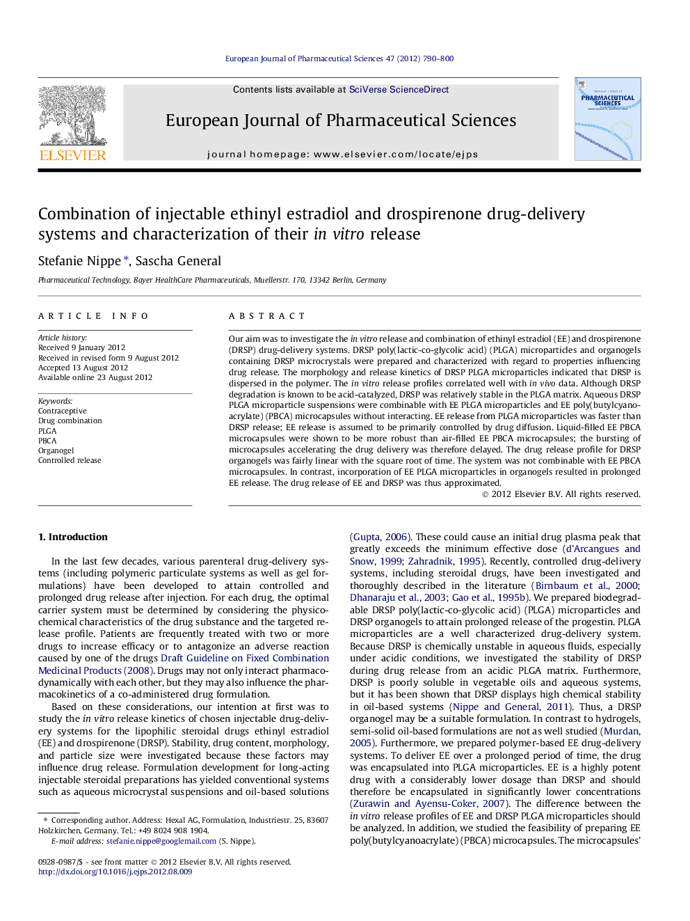 Combination of injectable ethinyl estradiol and drospirenone drug-delivery systems and characterization of their in vitro release