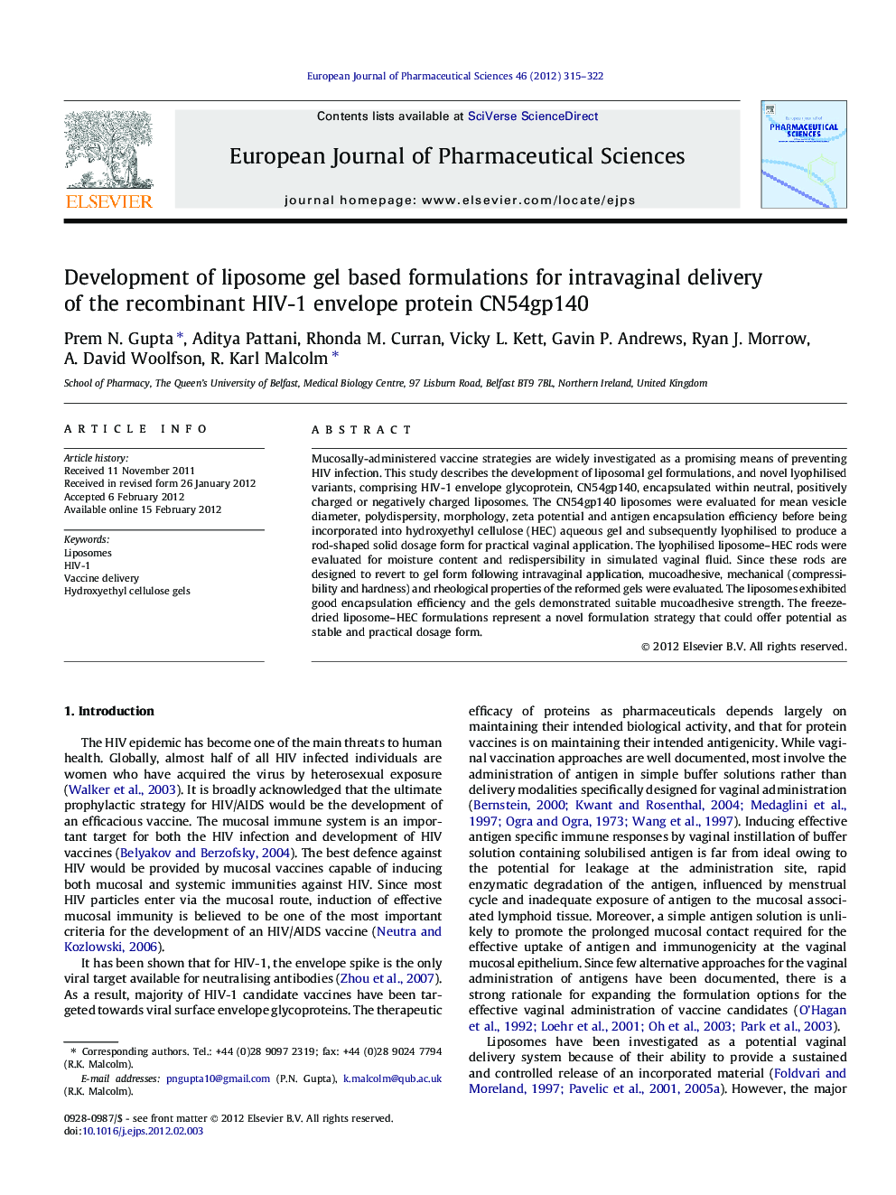 Development of liposome gel based formulations for intravaginal delivery of the recombinant HIV-1 envelope protein CN54gp140