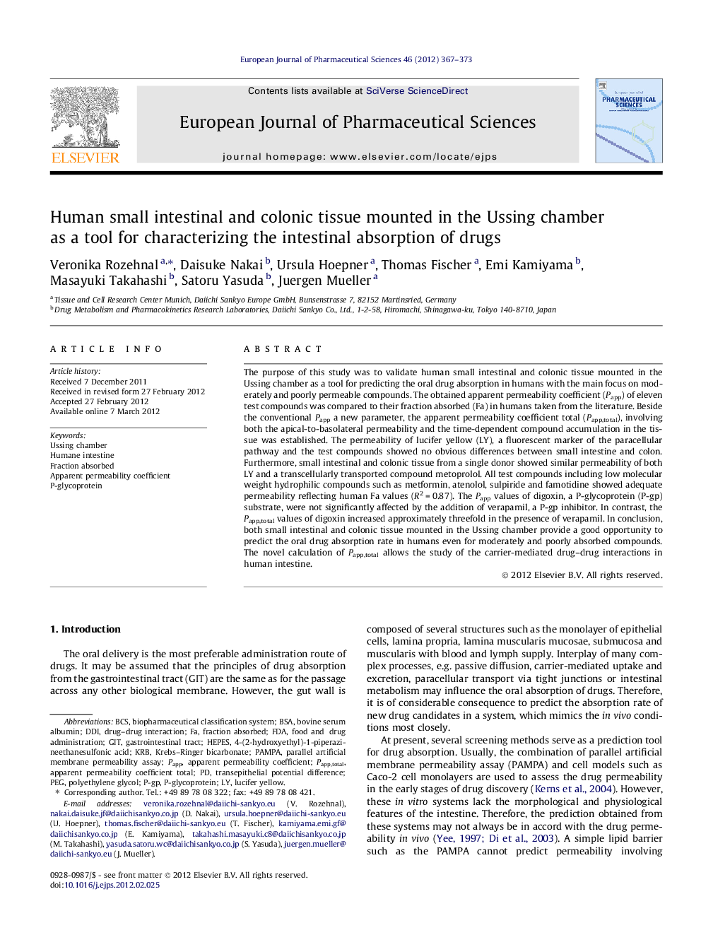 Human small intestinal and colonic tissue mounted in the Ussing chamber as a tool for characterizing the intestinal absorption of drugs