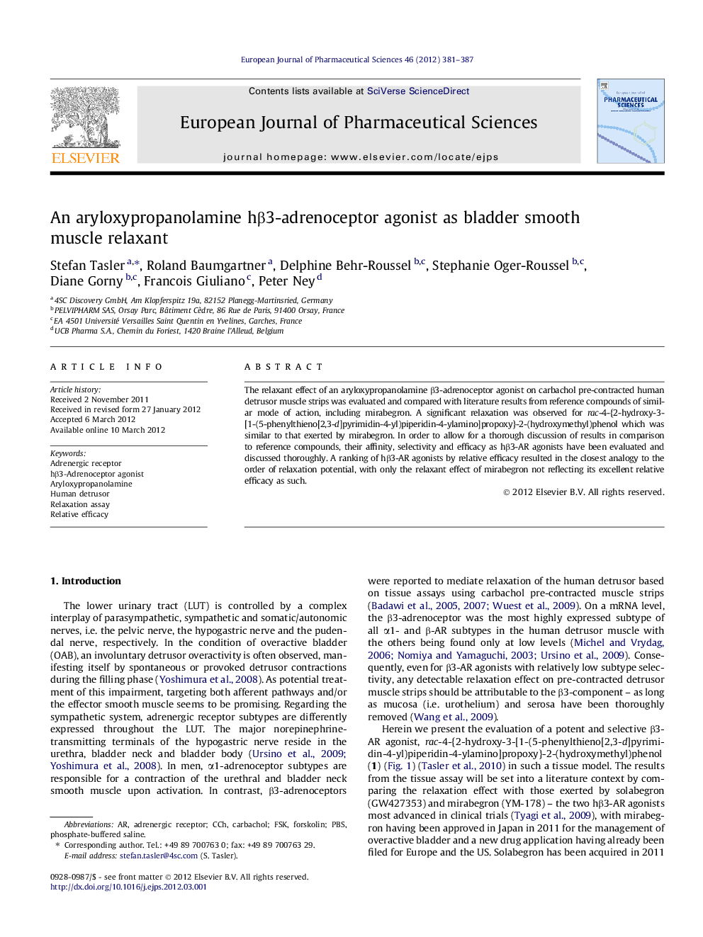 An aryloxypropanolamine hβ3-adrenoceptor agonist as bladder smooth muscle relaxant