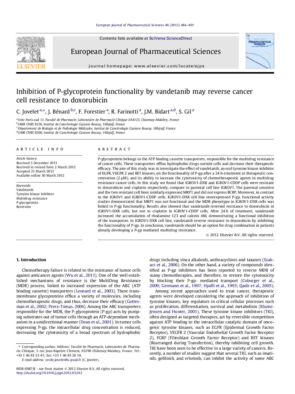 Inhibition of P-glycoprotein functionality by vandetanib may reverse cancer cell resistance to doxorubicin