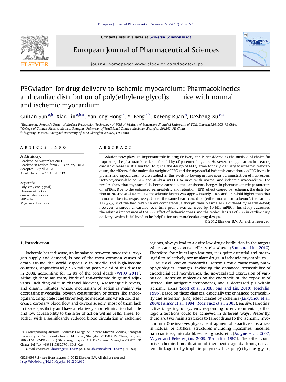 PEGylation for drug delivery to ischemic myocardium: Pharmacokinetics and cardiac distribution of poly(ethylene glycol)s in mice with normal and ischemic myocardium