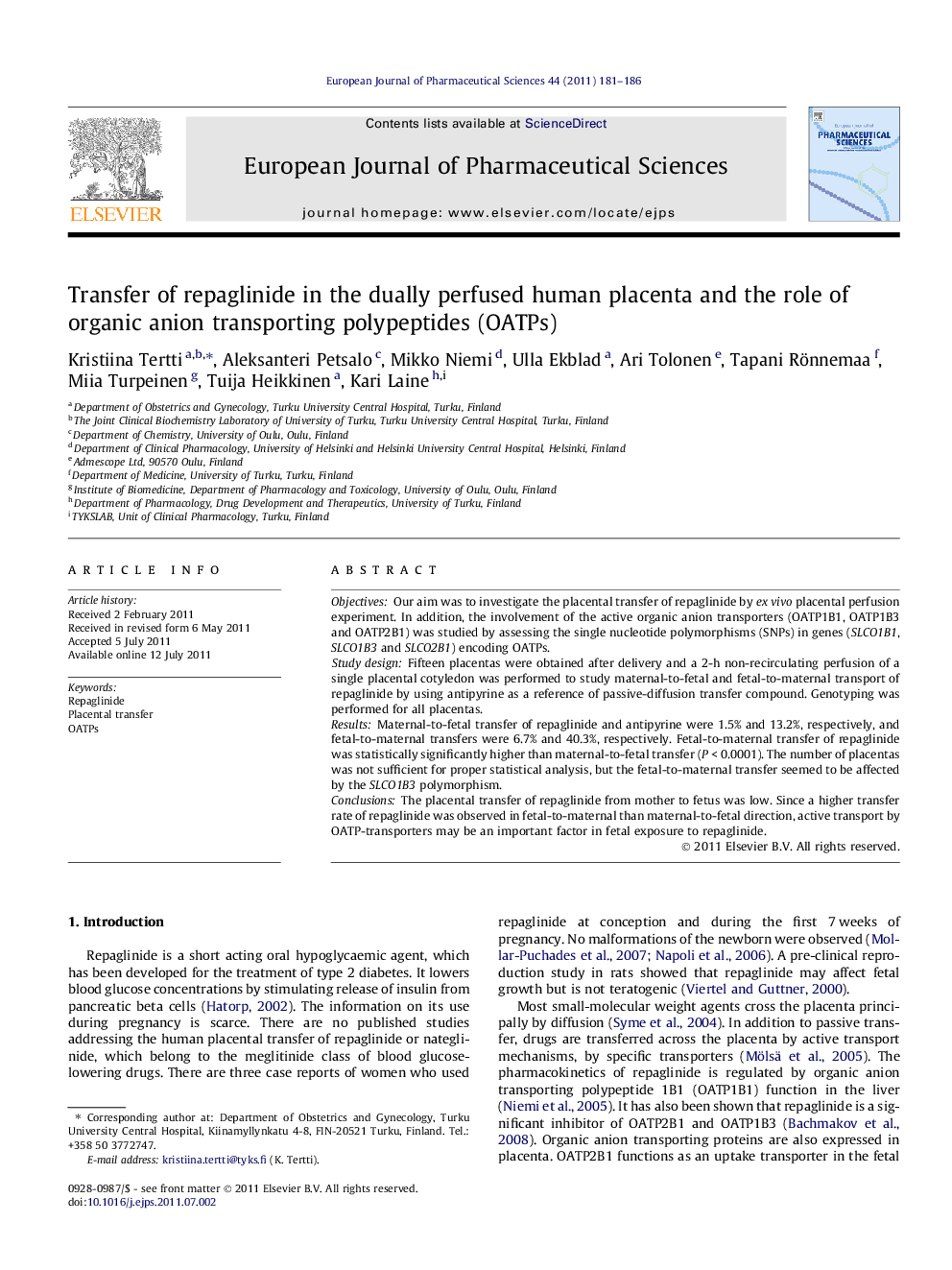 Transfer of repaglinide in the dually perfused human placenta and the role of organic anion transporting polypeptides (OATPs)