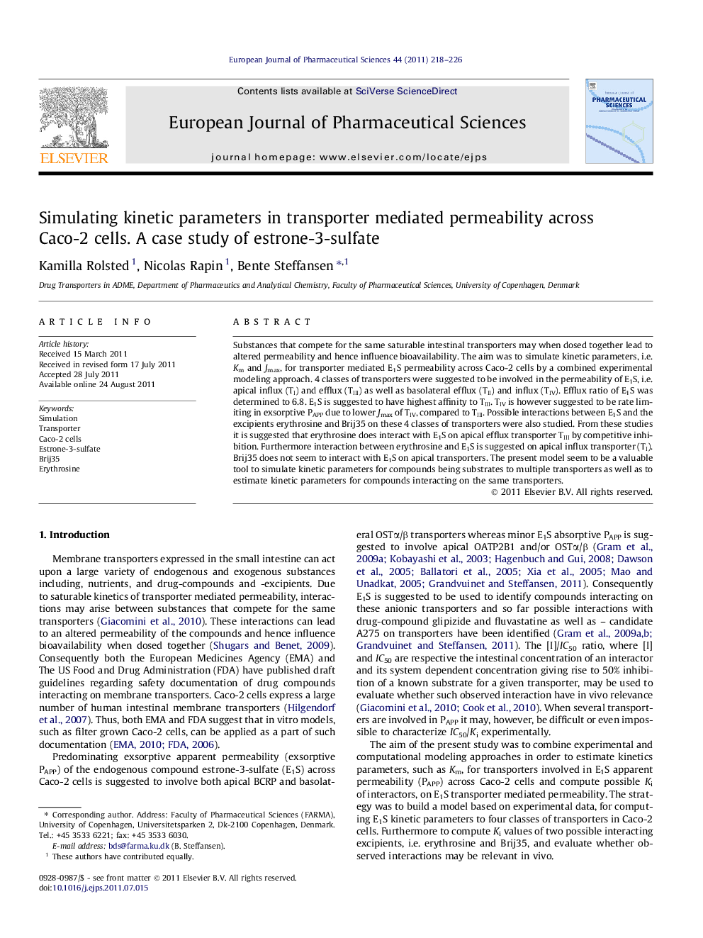 Simulating kinetic parameters in transporter mediated permeability across Caco-2 cells. A case study of estrone-3-sulfate