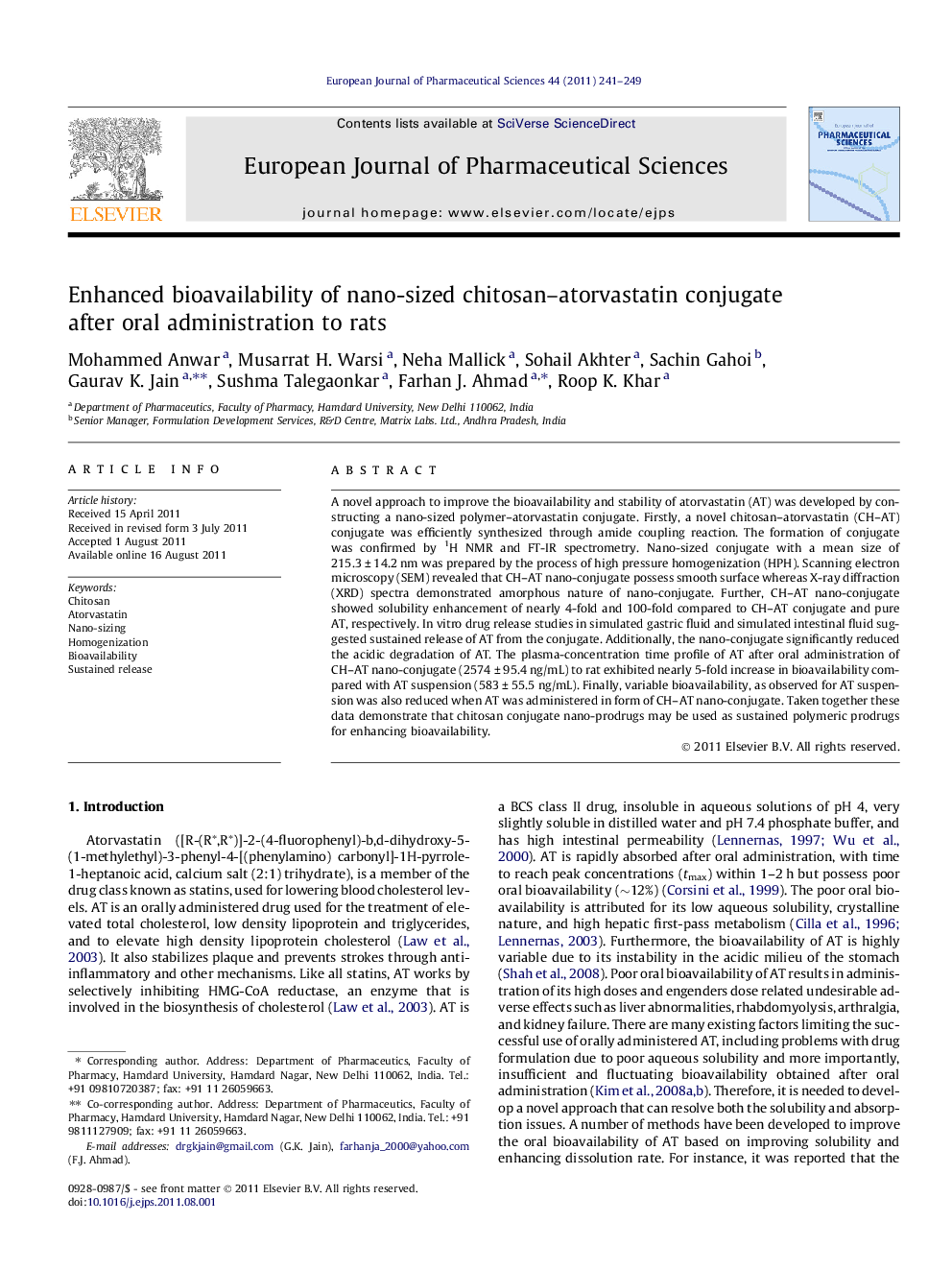 Enhanced bioavailability of nano-sized chitosan–atorvastatin conjugate after oral administration to rats