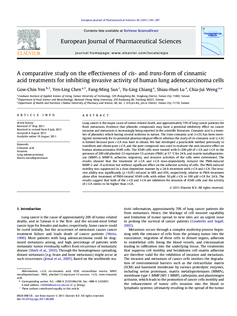 A comparative study on the effectiveness of cis- and trans-form of cinnamic acid treatments for inhibiting invasive activity of human lung adenocarcinoma cells