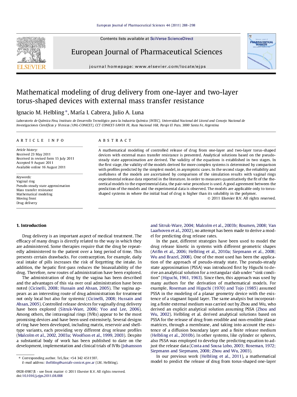 عکس صفحه اول مقاله: Mathematical modeling of drug delivery from one-layer and two-layer torus-shaped devices with external mass transfer resistance Mathematical modeling of drug delivery from one-layer and two-layer torus-shaped devices with external mass transfer resistance