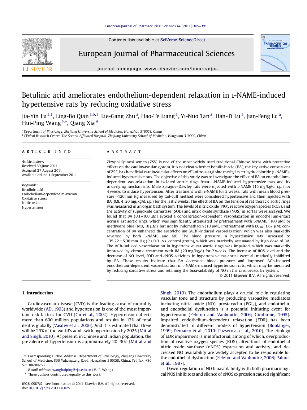 Betulinic acid ameliorates endothelium-dependent relaxation in l-NAME-induced hypertensive rats by reducing oxidative stress