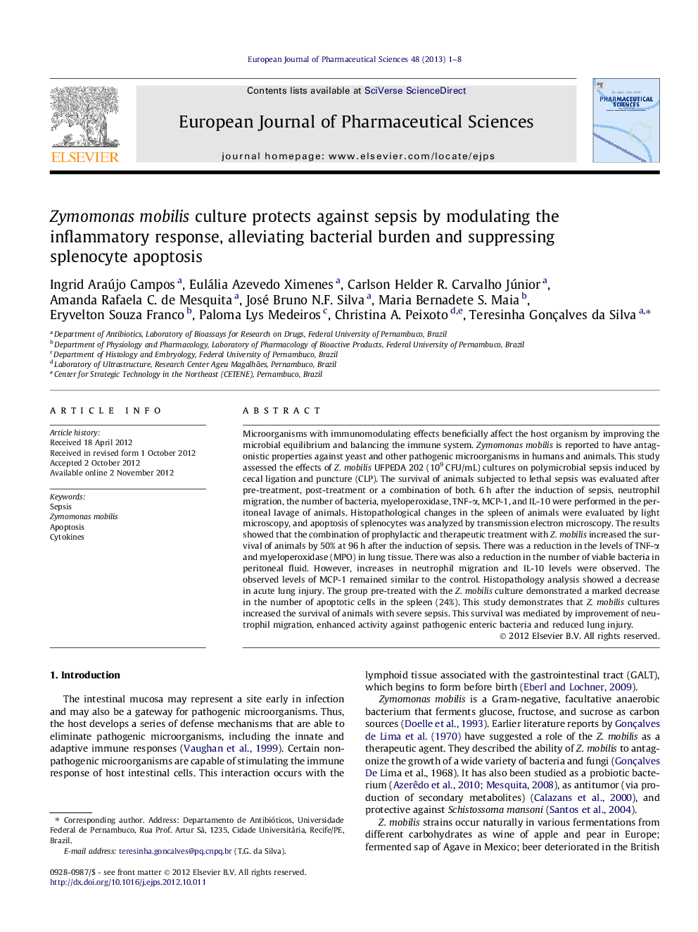 Zymomonas mobilis culture protects against sepsis by modulating the inflammatory response, alleviating bacterial burden and suppressing splenocyte apoptosis