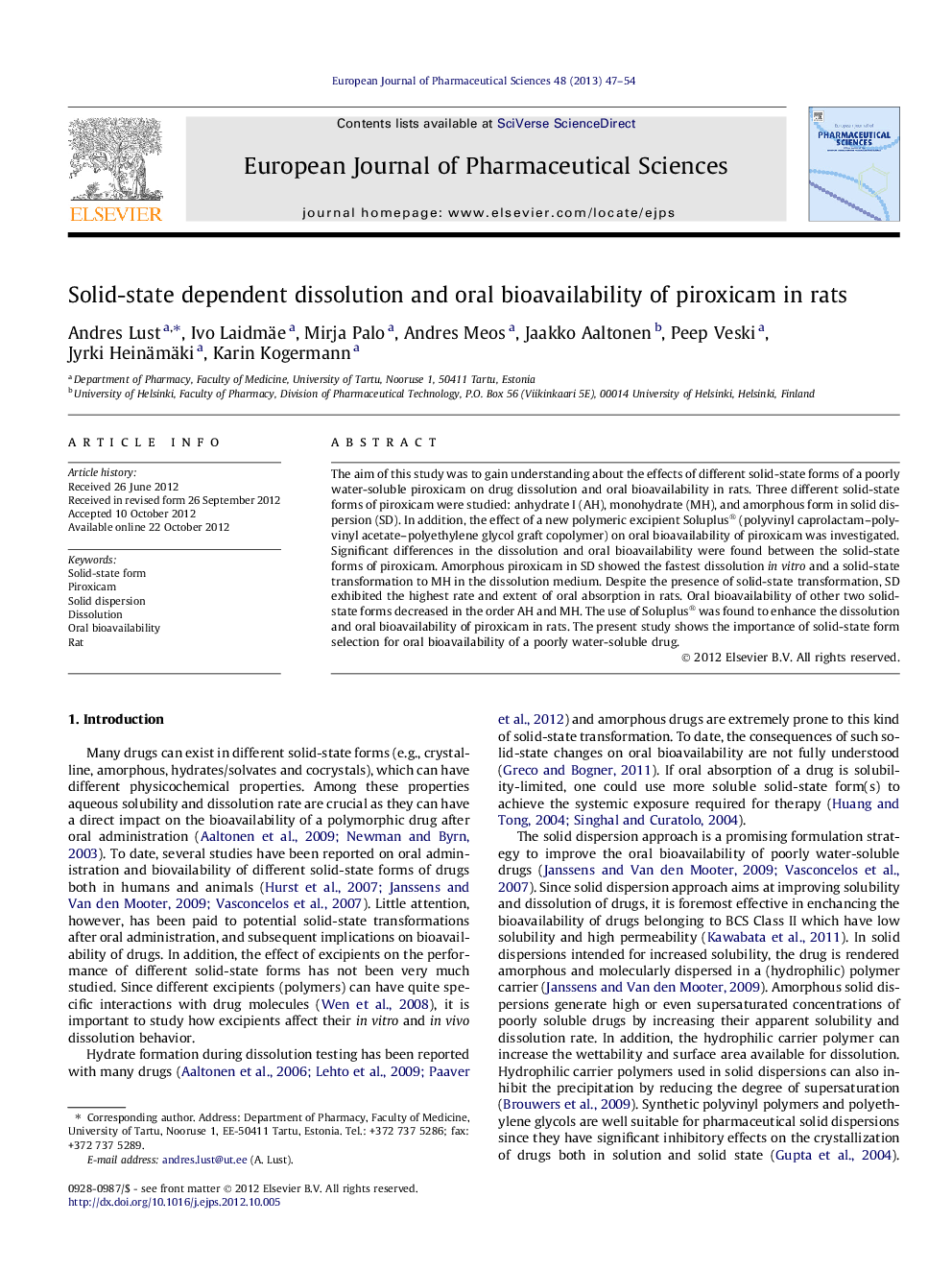 Solid-state dependent dissolution and oral bioavailability of piroxicam in rats