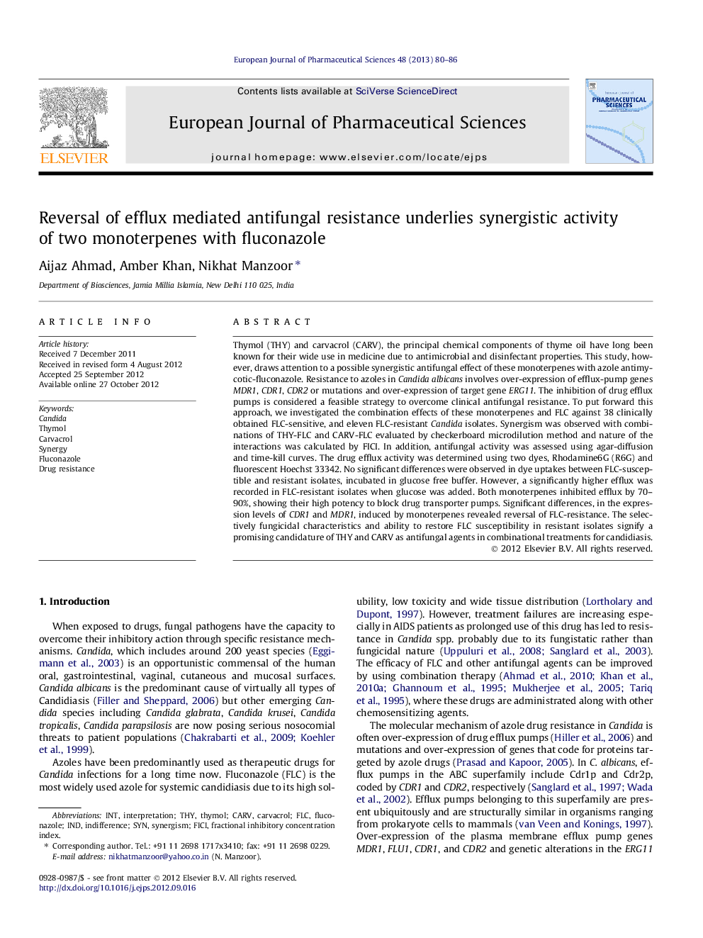 Reversal of efflux mediated antifungal resistance underlies synergistic activity of two monoterpenes with fluconazole