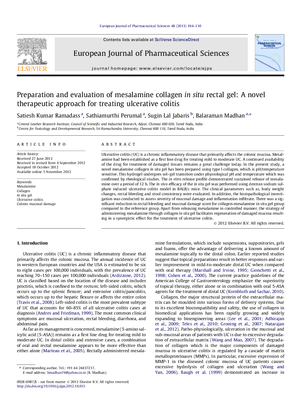 Preparation and evaluation of mesalamine collagen in situ rectal gel: A novel therapeutic approach for treating ulcerative colitis