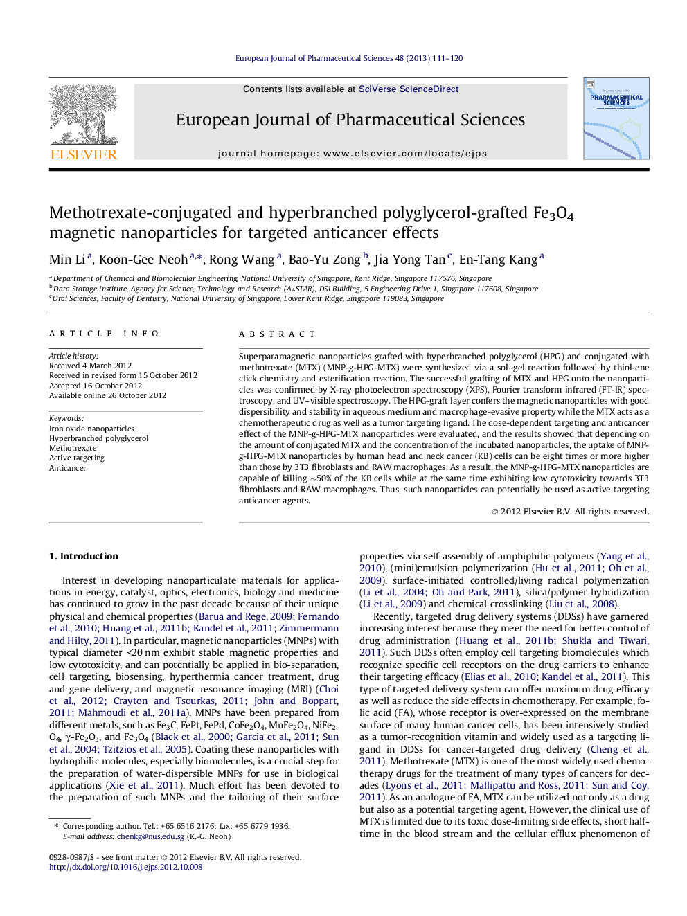 Methotrexate-conjugated and hyperbranched polyglycerol-grafted Fe3O4 magnetic nanoparticles for targeted anticancer effects