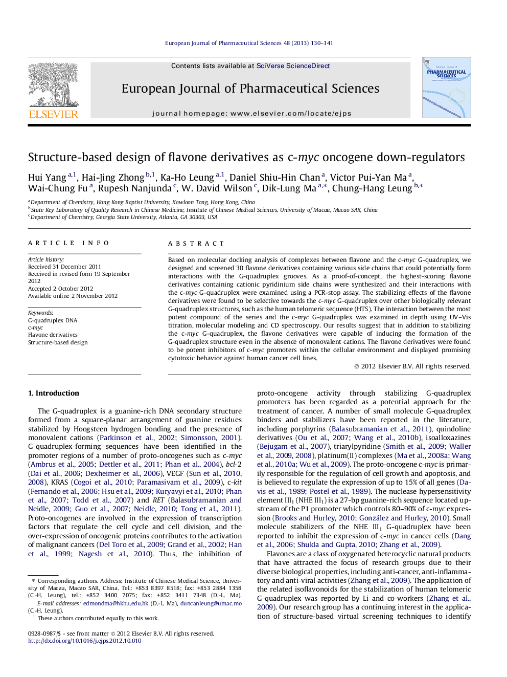 Structure-based design of flavone derivatives as c-myc oncogene down-regulators