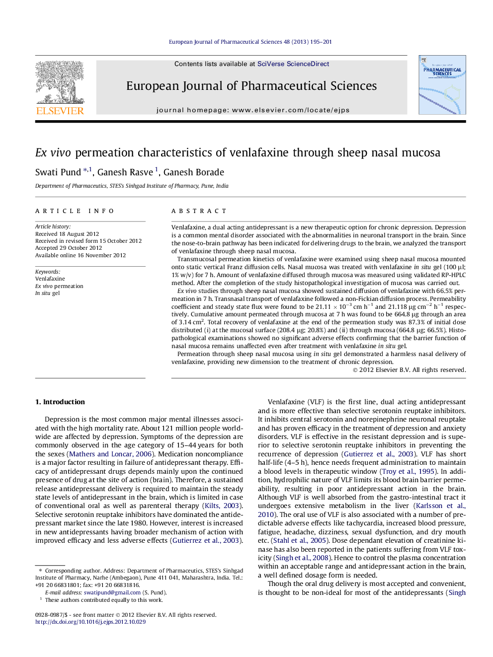 Ex vivo permeation characteristics of venlafaxine through sheep nasal mucosa