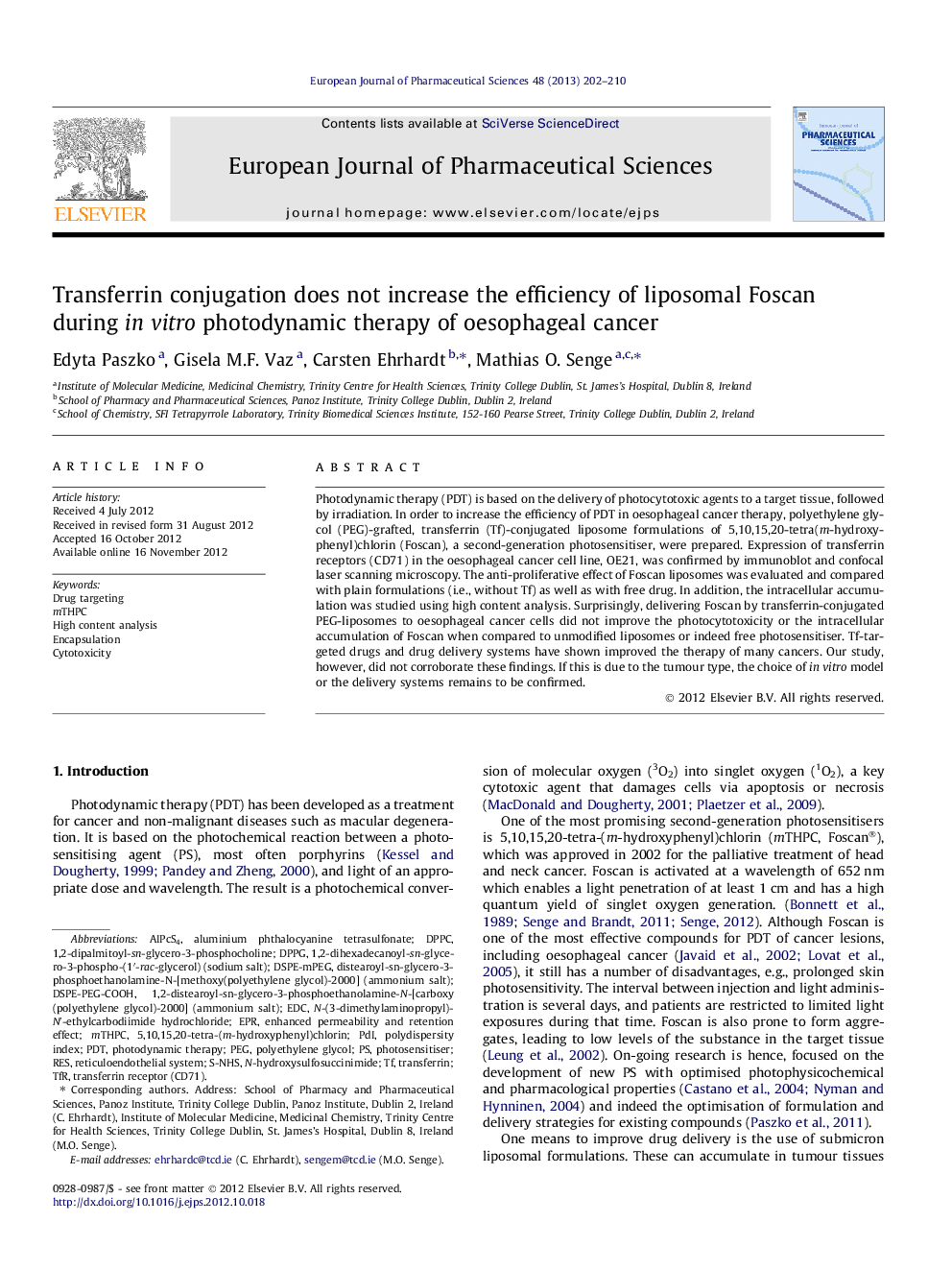 Transferrin conjugation does not increase the efficiency of liposomal Foscan during in vitro photodynamic therapy of oesophageal cancer