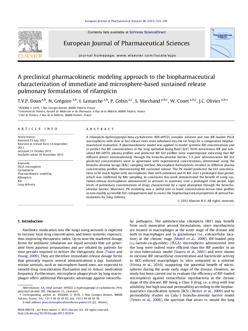 A preclinical pharmacokinetic modeling approach to the biopharmaceutical characterization of immediate and microsphere-based sustained release pulmonary formulations of rifampicin