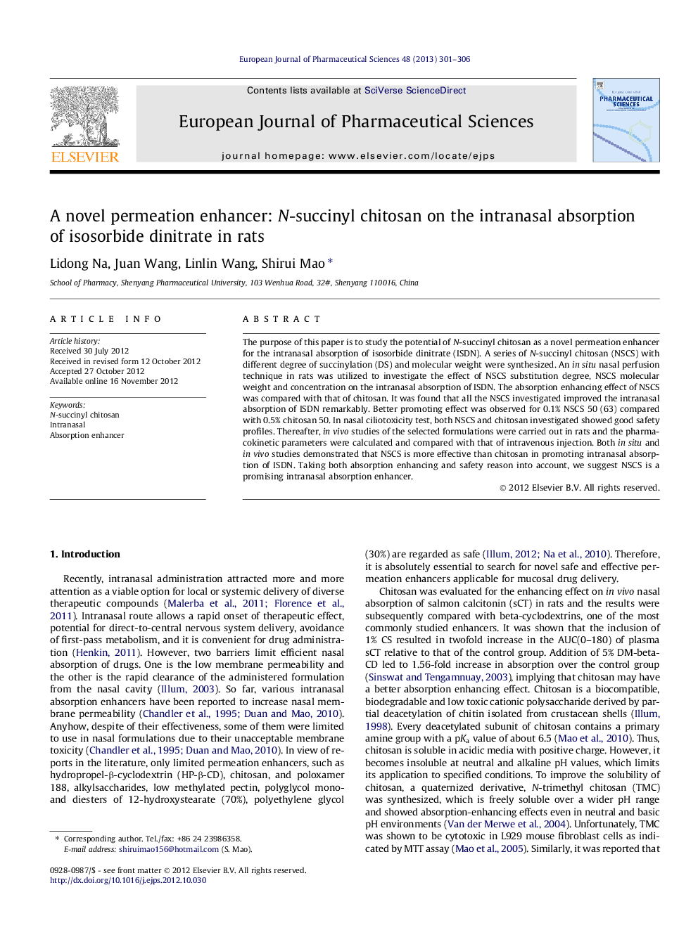 A novel permeation enhancer: N-succinyl chitosan on the intranasal absorption of isosorbide dinitrate in rats