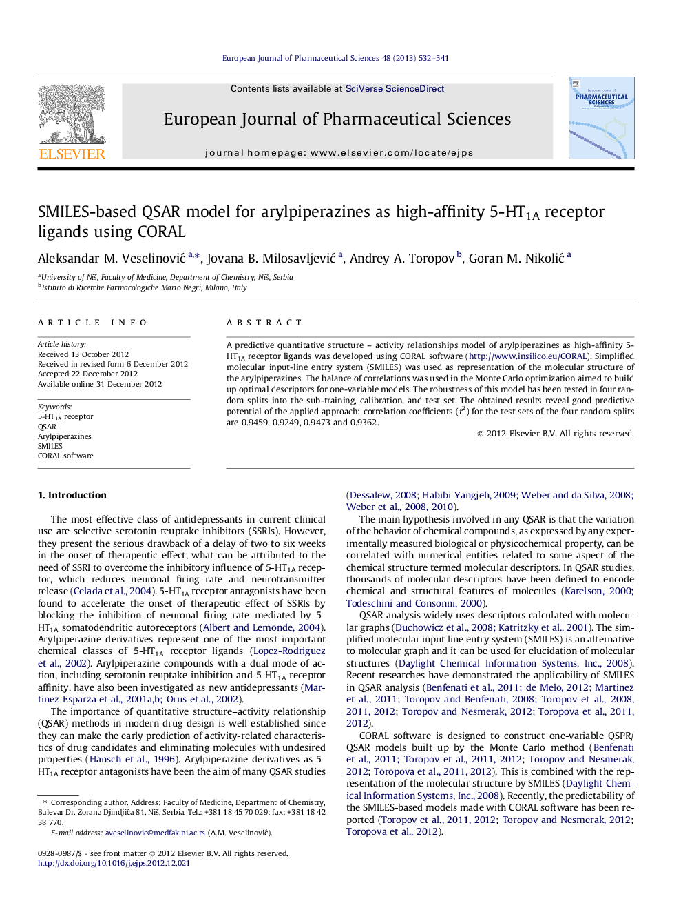 SMILES-based QSAR model for arylpiperazines as high-affinity 5-HT1A receptor ligands using CORAL