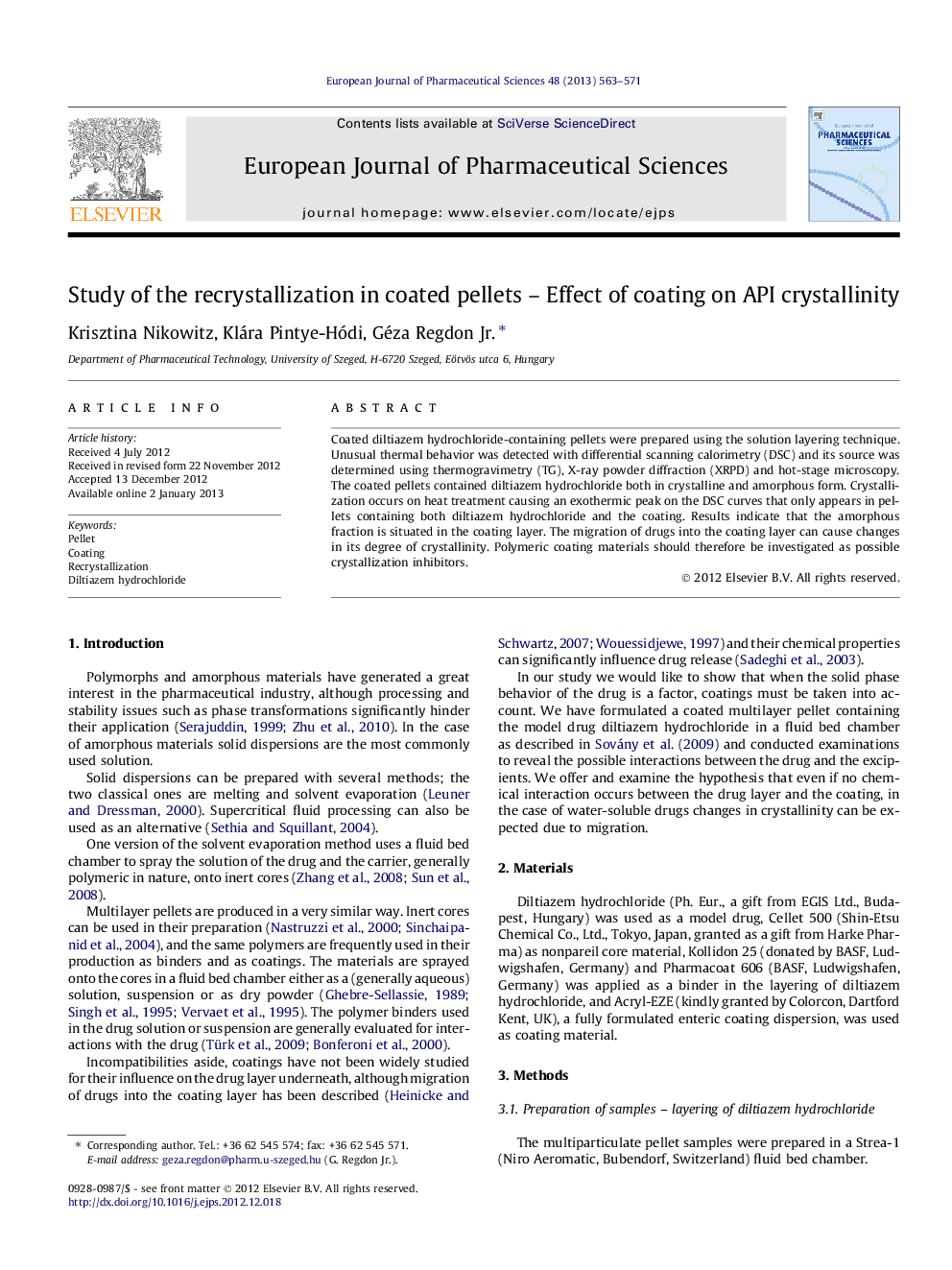 Study of the recrystallization in coated pellets – Effect of coating on API crystallinity