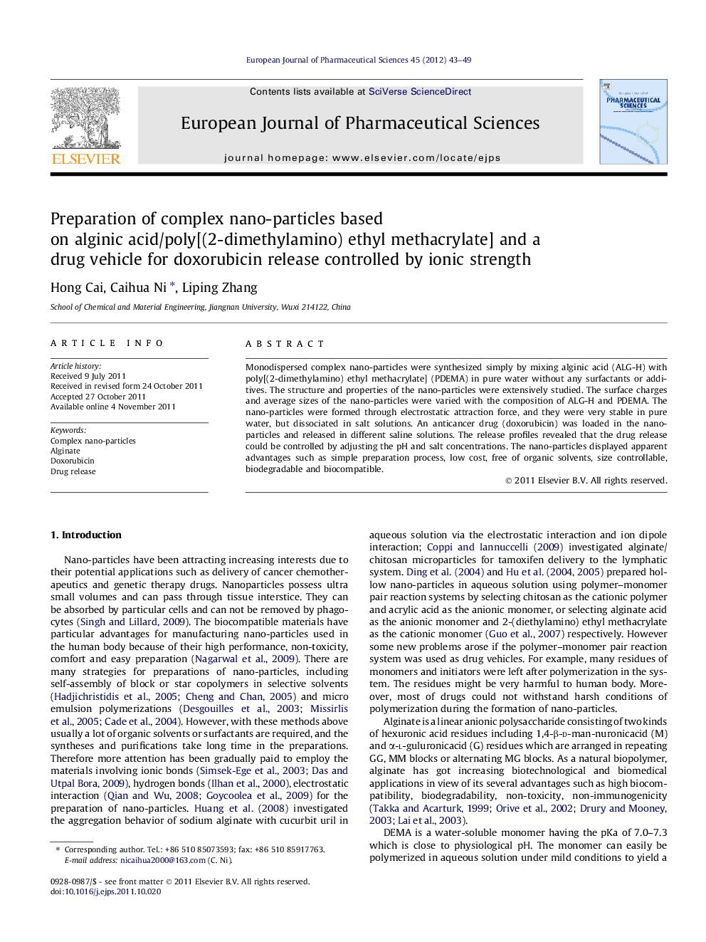 Preparation of complex nano-particles based on alginic acid/poly[(2-dimethylamino) ethyl methacrylate] and a drug vehicle for doxorubicin release controlled by ionic strength