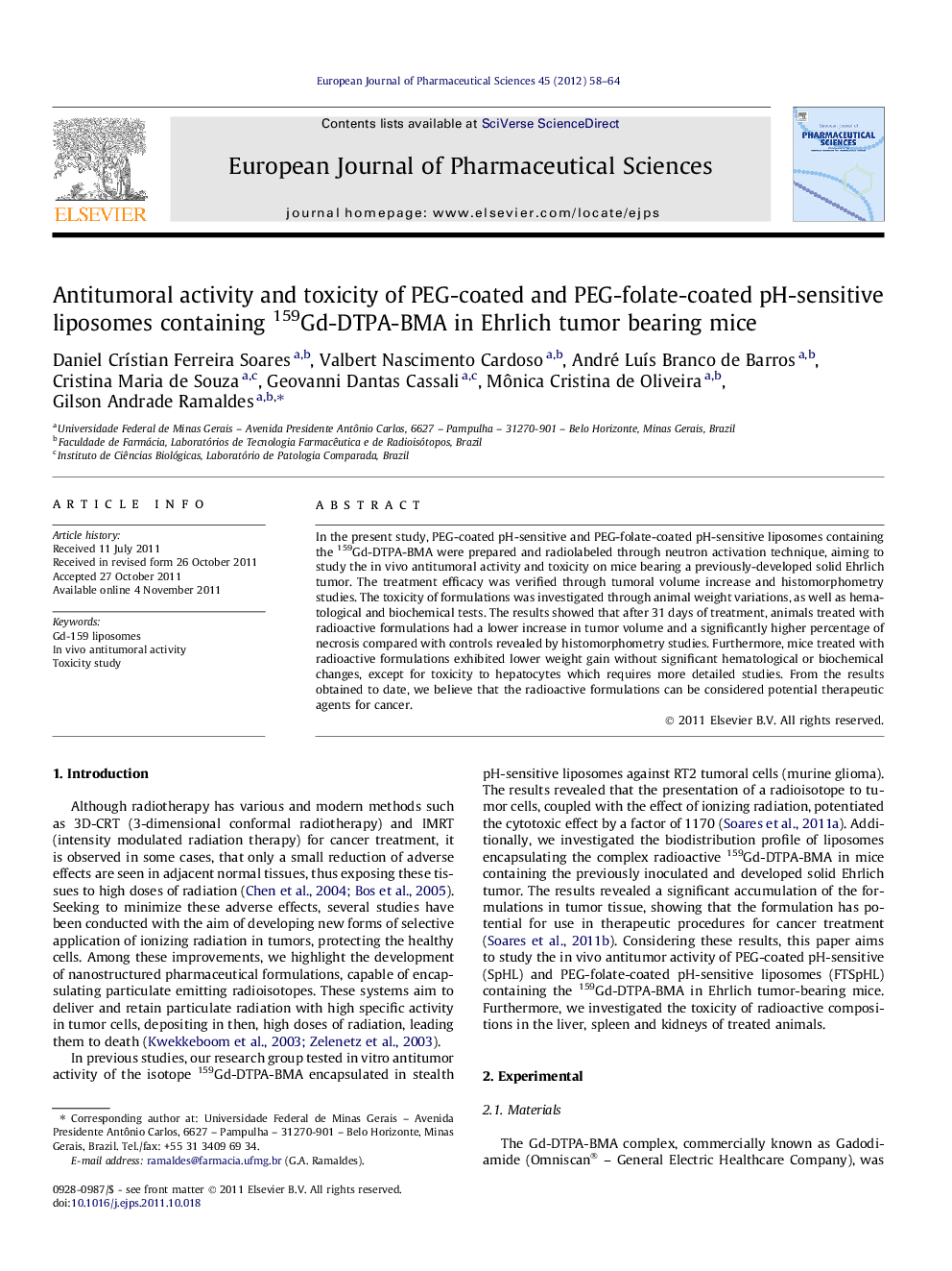 Antitumoral activity and toxicity of PEG-coated and PEG-folate-coated pH-sensitive liposomes containing 159Gd-DTPA-BMA in Ehrlich tumor bearing mice