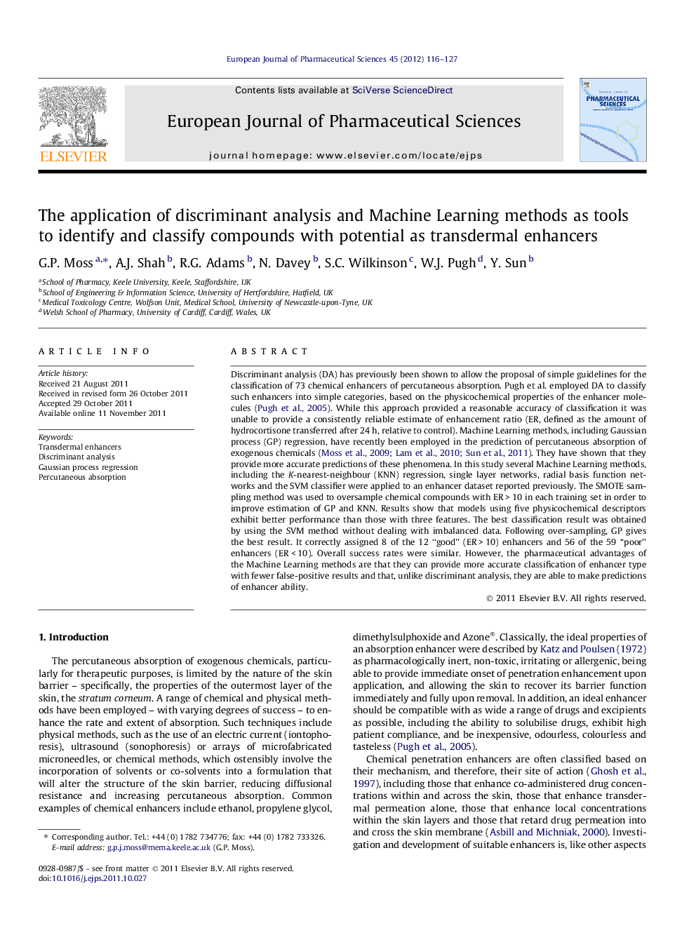 The application of discriminant analysis and Machine Learning methods as tools to identify and classify compounds with potential as transdermal enhancers