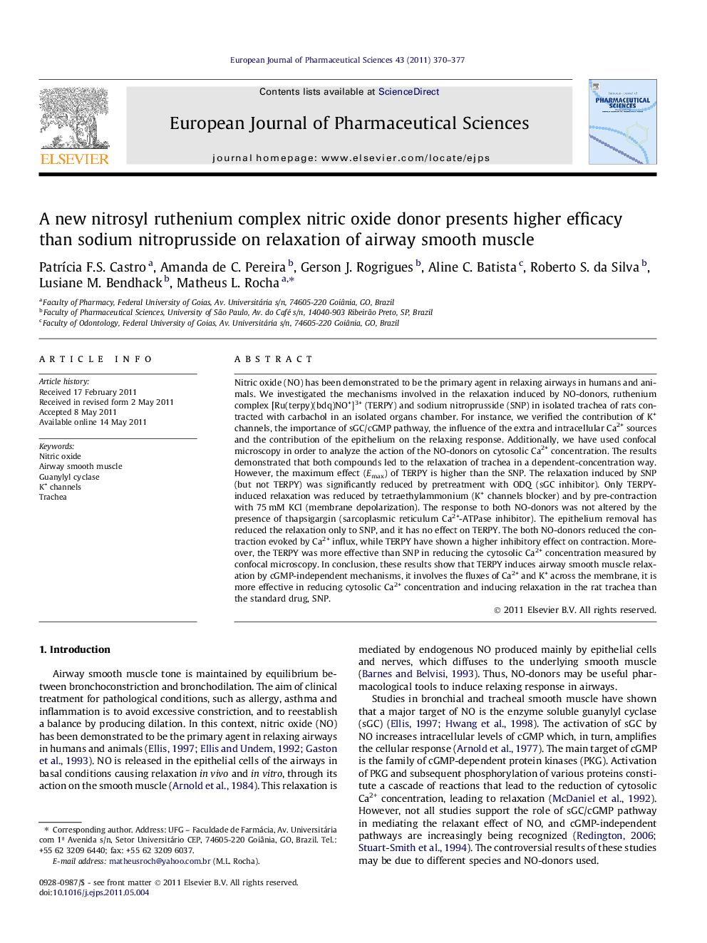 A new nitrosyl ruthenium complex nitric oxide donor presents higher efficacy than sodium nitroprusside on relaxation of airway smooth muscle