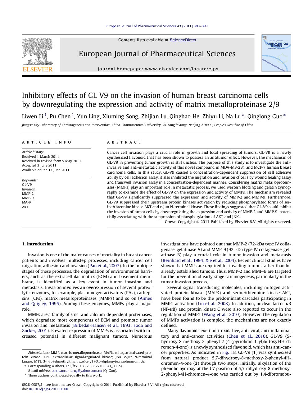 Inhibitory effects of GL-V9 on the invasion of human breast carcinoma cells by downregulating the expression and activity of matrix metalloproteinase-2/9