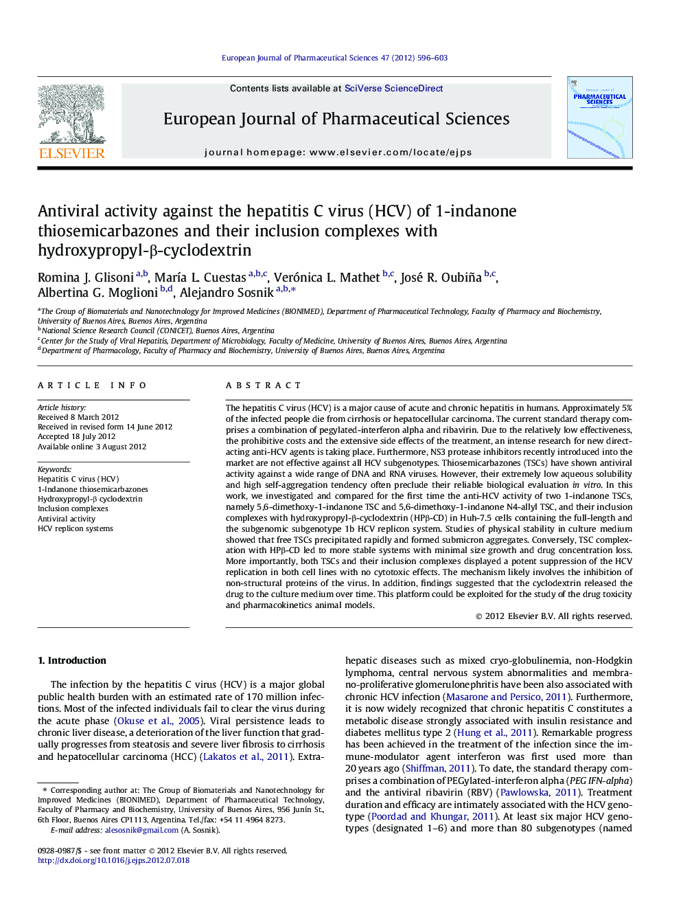 Antiviral activity against the hepatitis C virus (HCV) of 1-indanone thiosemicarbazones and their inclusion complexes with hydroxypropyl-β-cyclodextrin