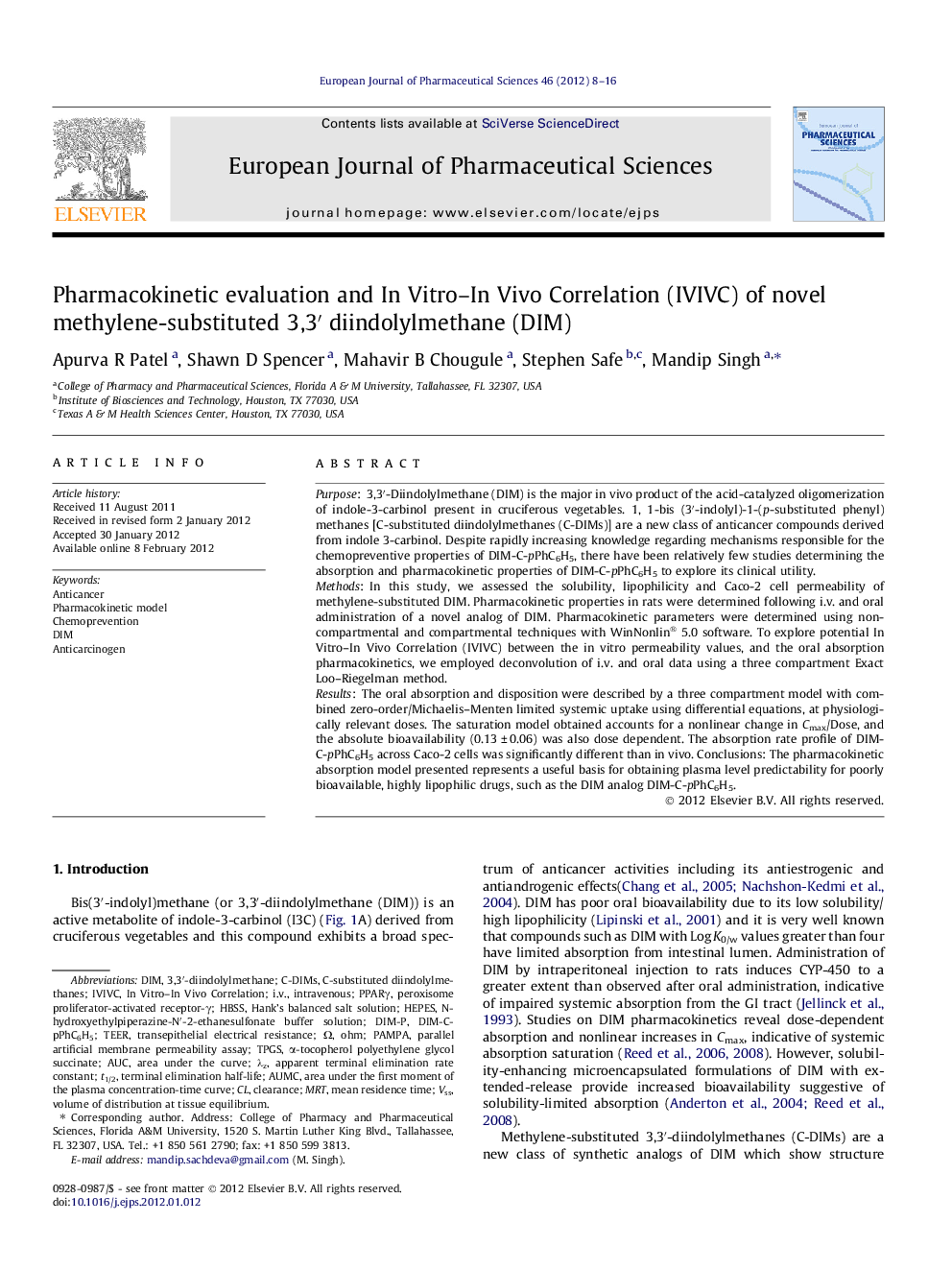 Pharmacokinetic evaluation and In Vitro–In Vivo Correlation (IVIVC) of novel methylene-substituted 3,3′ diindolylmethane (DIM)