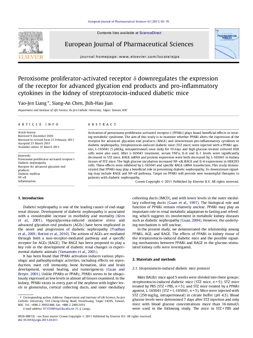 Peroxisome proliferator-activated receptor δ downregulates the expression of the receptor for advanced glycation end products and pro-inflammatory cytokines in the kidney of streptozotocin-induced diabetic mice